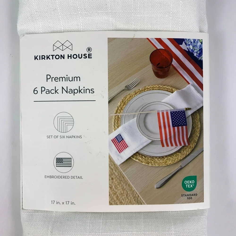 Kirkton Premium Cloth Napkins Pack o 6 White Embroidered American Flag USA 17x17